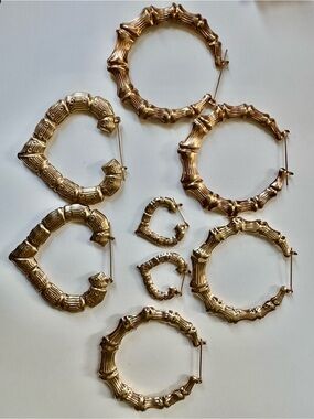 Gold Bamboo-Style Hoop + Heart Earrings Set - 4 Pairs